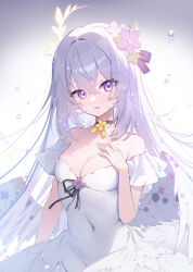 Rule 34 | 1girl, alternate costume, angel wings, apple caramel, azusa (blue archive), black choker, blue archive, blush, breasts, choker, cleavage, crescent halo, dress, feathered wings, flower, green flower, hair between eyes, hair flower, hair ornament, halo, highres, long hair, looking at viewer, open mouth, pink flower, purple eyes, purple flower, small breasts, solo, white dress, white hair, white wings, wings, yellow halo