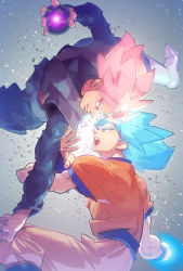 Rule 34 | 2boys, bara, boots, dougi, dragon ball, dragon ball super, dynamic pose, earrings, fighting stance, glowing, glowing hair, goku black, highres, jewelry, long sleeves, looking at another, male focus, manly, multiple boys, muscular, open mouth, pants, pink hair, potara earrings, short sleeves, simple background, single earring, son goku, spiked hair, super saiyan, super saiyan blue, super saiyan rose, supobi, toned, toned male, upper body