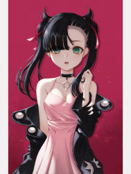 Rule 34 | 1girl, absurdres, asymmetrical bangs, bad id, bad pixiv id, bare shoulders, black hair, black jacket, breasts, choker, cleavage, collarbone, creatures (company), dress, game freak, green eyes, hair ribbon, highres, jacket, long hair, long sleeves, looking at viewer, marnie (pokemon), nintendo, off shoulder, open clothes, open jacket, parted lips, pink dress, pokemon, pokemon swsh, ribbon, sleeveless, sleeveless dress, small breasts, solo, twintails, upper body, yuka865
