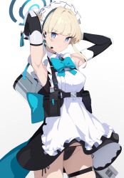 Rule 34 | 1girl, adjusting hair, apron, armpits, arms behind head, arms up, black panties, blonde hair, blue archive, blue bow, blue bowtie, blue eyes, bow, bowtie, earpiece, elbow gloves, fingerless gloves, gloves, hair bun, harness, highres, holster, hukahire0120, maid, maid headdress, panties, pantyshot, sleeveless, string panties, thigh holster, thigh strap, toki (blue archive), underwear, white background