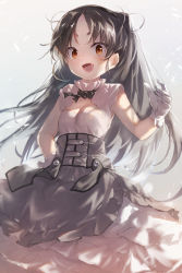 Rule 34 | 1girl, black hair, breasts, brown eyes, conte di cavour (kancolle), conte di cavour nuovo (kancolle), conte di cavour nuovo (kancolle) (cosplay), cosplay, dress, fang, gloves, grey background, highres, kantai collection, layered dress, long hair, nisshin (kancolle), open mouth, short sleeves, small breasts, smile, solo, toka (marchlizard), very long hair, white dress, white gloves