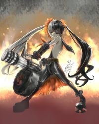 Rule 34 | 10s, 1girl, blade &amp; soul, female focus, flat chest, full body, gradient background, gun, pohwaran, solo, twintails, weapon