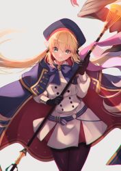 Rule 34 | 1girl, absurdres, artoria caster (fate), artoria caster (second ascension) (fate), artoria pendragon (fate), belt, belt buckle, buckle, commentary request, cowboy shot, fate/grand order, fate (series), gloves, hair between eyes, hat, highres, holding, holding staff, long hair, long sleeves, looking at viewer, pantyhose, skirt, solo, staff, standing, suna co, twintails