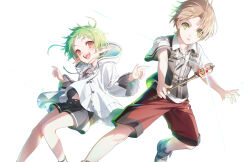 Rule 34 | 1boy, 1girl, absurdres, brown hair, child, collared shirt, cover, dvd cover, elf, feet out of frame, green eyes, green hair, grey hair, highres, hood, hood down, long sleeves, looking at viewer, mole, mole under eye, mushoku tensei, official art, open mouth, parted bangs, pointy ears, red eyes, rudeus greyrat, shirotaka (5choume), shirt, shoes, short hair, short sleeves, shorts, simple background, smile, sylphiette (mushoku tensei), teeth, upper teeth only