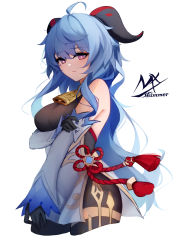 Rule 34 | 1girl, ahoge, arm grab, bare shoulders, bell, black gloves, blue hair, bodystocking, breasts, closed mouth, cropped legs, detached sleeves, ganyu (genshin impact), genshin impact, gloves, hair between eyes, highres, horns, long hair, long sleeves, medium breasts, neck bell, red eyes, shimmer, signature, simple background, sleeves past wrists, solo, very long hair, white background, white sleeves