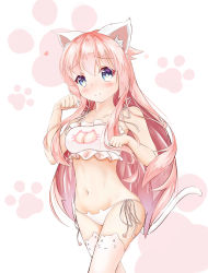 Rule 34 | 1girl, animal ear legwear, animal ears, bare arms, bare shoulders, blue eyes, blush, bra, breasts, cat cutout, cat ear legwear, cat ear panties, cat ears, cat girl, cat lingerie, cat tail, cleavage, cleavage cutout, closed mouth, clothing cutout, commentary request, cowboy shot, frilled bra, frills, halterneck, head tilt, highres, long hair, looking at viewer, meme attire, navel, original, panties, paw pose, paw print, paw print background, pink hair, poyi (max30788), side-tie panties, simple background, smile, solo, standing, tail, thighhighs, underwear, underwear only, very long hair, white background, white bra, white panties, white thighhighs