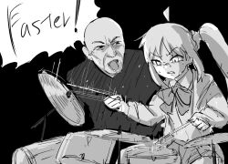 Rule 34 | 1boy, 1girl, ahoge, bald, black background, bocchi the rock!, bow, bowtie, clenched teeth, collared shirt, commentary request, concentrating, cowboy shot, drum, drum set, drumming, drumsticks, english text, greyscale, holding, holding drumsticks, ijichi nijika, instrument, long hair, long sleeves, looking down, monochrome, open mouth, pleated skirt, shirt, side ponytail, sidelocks, simple background, skirt, sweat, t-shirt, teeth, tenten (chan4545), terence fletcher, thick eyebrows, whiplash (2014 movie)