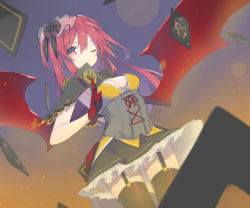 Rule 34 | 1girl, ;), black skirt, black thighhighs, blurry, breasts, capelet, card, closed mouth, corset, demon wings, depth of field, dutch angle, fhang, garter straps, gloves, hair between eyes, hair ornament, halloween, highres, holding, long hair, medium breasts, one eye closed, original, playing card, red gloves, red hair, skirt, smile, solo, thighhighs, wings