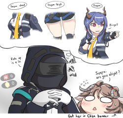 Rule 34 | 1boy, 2girls, arknights, blue hair, blush, breasts, brown hair, ch&#039;en (arknights), chibi, english text, eyjafjalla (arknights), fingerless gloves, gloves, kiiyodex, medium hair, multiple girls, necktie, open mouth, red eyes, short hair, simple background, smile, thighs, twintails, white background