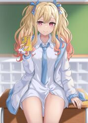 Rule 34 | 1girl, absurdres, blonde hair, blue ribbon, breasts, cardigan, chair, classroom, closed mouth, collared shirt, desk, highres, hinato1710, indoors, jacket, long hair, long sleeves, looking at viewer, medium breasts, necktie, phone, project sekai, red eyes, ribbon, school chair, school uniform, shirt, sitting, skirt, smile, solo, tenma saki, twintails, unworn skirt, white shirt