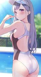 Rule 34 | 1girl, absurdres, ass, back cutout, blurry, blurry background, blush, breasts, clothing cutout, competition swimsuit, grey hair, highres, holding, holding whistle, idolmaster, idolmaster shiny colors, long hair, looking at viewer, looking back, median furrow, medium breasts, multicolored clothes, multicolored swimsuit, nira (vira), one-piece swimsuit, pink eyes, smile, solo, straight hair, sunlight, swimsuit, very long hair, visor cap, whistle, yukoku kiriko