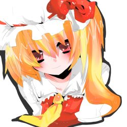 Rule 34 | 1girl, blonde hair, blouse, collared shirt, female focus, flandre scarlet, hair between eyes, hat, hat ribbon, i chi, lowres, mob cap, red eyes, ribbon, shirt, simple background, solo, touhou, white background, white hat, white shirt