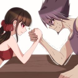Rule 34 | arm wrestling, bare arms, bare shoulders, blunt bangs, blush, brown hair, closed mouth, danganronpa (series), danganronpa v3: killing harmony, earrings, eye contact, facial hair, from side, goatee, grey background, hair ornament, hair scrunchie, harukawa maki, jewelry, looking at another, momota kaito, muscular, muscular male, red scrunchie, satori (aosky9077), scrunchie, simple background, smile, smlie, sparkle, spiked hair, sports bra, sweat, trembling