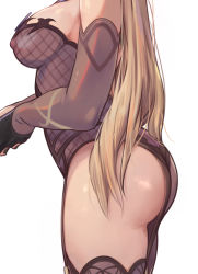 Rule 34 | 1girl, absurdres, ass, black gloves, black leotard, black thighhighs, blonde hair, breasts, commentary request, covered erect nipples, elbow gloves, fischl (genshin impact), fishnets, from side, garter straps, genshin impact, gloves, has bad revision, has downscaled revision, head out of frame, highres, leotard, long hair, md5 mismatch, medium breasts, resolution mismatch, revision, simple background, solo, source smaller, thighhighs, torriet, white background