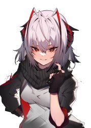 Rule 34 | 1girl, antenna hair, arknights, blouse, demon horns, fingerless gloves, gloves, grey hair, grey shirt, highres, horns, jacket, looking at viewer, multicolored hair, open clothes, open shirt, red eyes, shirt, short hair, solo, soukou makura, streaked hair, w (arknights), white background