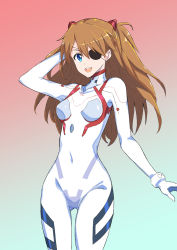 Rule 34 | 1girl, absurdres, artist request, blue eyes, bodysuit, breasts, covered navel, curvy, evangelion: 3.0+1.0 thrice upon a time, eyepatch, gradient background, highres, impossible clothes, long hair, looking at viewer, medium breasts, neon genesis evangelion, open mouth, pilot suit, plugsuit, rebuild of evangelion, shiny clothes, shiny skin, skin tight, solo, souryuu asuka langley, standing, twintails, upper body, white bodysuit
