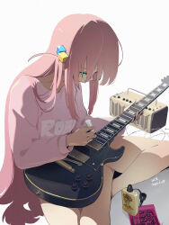 Rule 34 | 1girl, absurdres, amplifier, barefoot, blue eyes, bocchi the rock!, closed mouth, clothes writing, commentary request, cube hair ornament, dated, electric guitar, gotoh hitori, guitar, hair ornament, highres, holding, instrument, long hair, long sleeves, looking down, one side up, pink hair, pink shirt, shirt, sidelocks, signature, simple background, sitting, solo, waterkuma, white background
