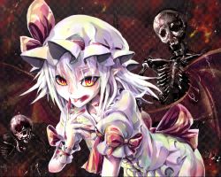 Rule 34 | 1girl, :p, bat wings, blood, blood on face, female focus, hand to own mouth, hat, kabutoyama, leaning forward, red eyes, remilia scarlet, skeleton, solo, tongue, tongue out, touhou, wings, wrist cuffs
