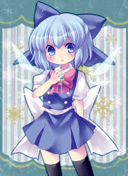 Rule 34 | 1girl, bad id, bad pixiv id, black thighhighs, blue eyes, blue hair, blush, bow, brooch, cirno, embellished costume, hair bow, hand on own chest, jewelry, matching hair/eyes, minato0618, open mouth, shirt, short hair, skirt, skirt set, solo, thighhighs, touhou, vest, wings, zettai ryouiki