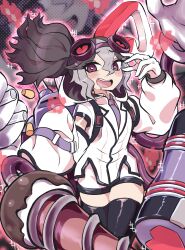 Rule 34 | 1girl, absurdres, asymmetrical hair, backpack, bag, black hair, drooling, duel monster, flat chest, goggles, heart, heart-shaped pupils, highres, lab coat, looking at viewer, mechanical arms, multicolored hair, necktie, ponytail, smile, solo, symbol-shaped pupils, test tube, thighhighs, vanquish soul dr. mad love, very long sleeves, wadatsumi (sense11531153), white hair, yu-gi-oh!, zettai ryouiki