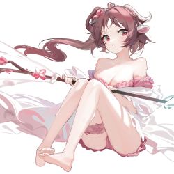 Rule 34 | 1girl, animal ears, arknights, bare legs, bare shoulders, barefoot, bikini, breasts, brown hair, cleavage, commentary, english commentary, eyjafjalla (arknights), eyjafjalla (summer flower) (arknights), floating hair, flower, hair flower, hair ornament, highres, holding, holding staff, horns, knees up, long hair, looking at viewer, off-shoulder bikini, off shoulder, official alternate costume, parted lips, pink bikini, pink flower, prossss, purple eyes, sheep ears, sheep horns, simple background, sitting, solo, staff, swimsuit, thighs, white background