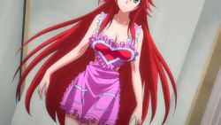 Rule 34 | 10s, 1girl, animated, animated gif, apron, blue eyes, bouncing breasts, breasts, demon girl, high school dxd, large breasts, long hair, naked apron, red hair, rias gremory, screencap, smile, solo, very long hair