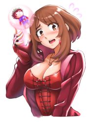 Rule 34 | 10s, 1girl, absurdres, avengers: age of ultron, avengers (series), blush, boku no hero academia, breasts, brown eyes, brown hair, captain america, captain america (cosplay), character doll, cleavage, corset, cosplay, fingerless gloves, flying sweatdrops, gloves, highres, jacket, jewelry, large breasts, lips, long sleeves, looking at viewer, magic, marvel, marvel cinematic universe, midoriya izuku, necklace, nose blush, open mouth, parted bangs, popped collar, red gloves, red jacket, red shirt, scarlet witch, scarlet witch (cosplay), shirt, short hair, simple background, solo, sweatdrop, upper body, uraraka ochako, wavy mouth, white background, yaobin yang