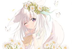 Rule 34 | 1girl, ;o, animal, animal ears, bare arms, bare shoulders, blush, bow, bug, butterfly, commentary request, dress, flower, fox ears, fox girl, fox tail, hair between eyes, hair flower, hair ornament, head tilt, highres, insect, kushida you, long hair, looking at viewer, one eye closed, original, parted lips, petals, purple eyes, simple background, sleeveless, sleeveless dress, solo, tail, tail raised, upper body, white background, white dress, white flower, white hair, yellow bow