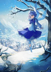 Rule 34 | 1girl, absurdres, apron, arm behind head, bare tree, bloomers, blue skirt, blue vest, boots, bow, commentary request, floating, forest, full body, hair between eyes, hat, highres, letty whiterock, long sleeves, mob cap, mountainous horizon, nature, oito (bowstringsmall), path, petticoat, puffy long sleeves, puffy sleeves, purple eyes, purple hair, road, scarf, scenery, shirt, short hair, skirt, snow, snowing, solo, sparkle, touhou, tree, trident ornament, underwear, vest, waist apron, waist bow, wavy hair, white apron, white bow, white footwear, white hat, white scarf, white shirt, winter