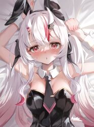 Rule 34 | 1girl, :o, absurdres, animal ears, arm up, bed sheet, black hairband, black leotard, blue necktie, blush, breasts, commentary request, detached collar, embarrassed, fake animal ears, gradient hair, hairband, heart, heart in eye, highres, hololive, horns, keesuke (kkosyoku), leotard, long hair, looking at viewer, lying, medium breasts, multicolored hair, nakiri ayame, necktie, official alternate hairstyle, on back, open mouth, playboy bunny, rabbit ears, red eyes, red hair, shiny clothes, short necktie, sidelocks, skin-covered horns, solo, strapless, strapless leotard, streaked hair, sweatdrop, symbol in eye, tie clip, twintails, virtual youtuber, white hair, wing collar, wrist cuffs