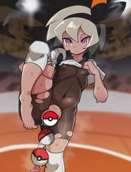 Rule 34 | 1girl, barefoot, bea (pokemon), black bodysuit, bodysuit, breasts, censored, closed mouth, creatures (company), crop top, expressionless, feet, game freak, hairband, leg up, looking at viewer, nintendo, object insertion, pokemon, pokemon swsh, purple eyes, pussy, short hair, short sleeves, silver hair, skin tight, small breasts, solo, standing, standing on one leg, sweat, torn bodysuit, torn clothes, uenoshita sayuu, vaginal, vaginal object insertion