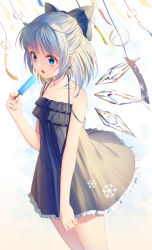 Rule 34 | 1girl, bare shoulders, black dress, blue bow, blue eyes, blue hair, bow, cirno, collarbone, commentary request, dress, fingernails, food, frilled dress, frills, hair bow, highres, holding, holding food, ice, ice wings, ji dao ji, parted lips, popsicle, print dress, sleeveless, sleeveless dress, snowflake print, solo, strap slip, teeth, touhou, upper teeth only, wind chime, wings