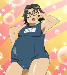 Rule 34 | 1boy, armpits, black hair, crossdressing, epic, fat, fat man, glasses, highschool of the dead, hirano kouta (hsotd), jpeg artifacts, male focus, name tag, plump, school swimsuit, solo, stitched, swimsuit, third-party edit, wide hips