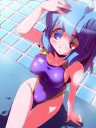 Rule 34 | 1girl, blue eyes, blue hair, breasts, competition swimsuit, female focus, from above, heterochromia, looking up, matching hair/eyes, miuku (marine sapphire), one-piece swimsuit, red eyes, short hair, sitting, solo, swimsuit, tatara kogasa, touhou