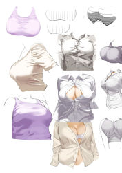 Rule 34 | bra, breasts squeezed together, breasts, center opening, cleavage, collared shirt, commentary request, dress shirt, grey shirt, headless, kaisen chuui, large breasts, long sleeves, original, partially unbuttoned, popped button, shirt, short hair, sketch, skin tight, t-shirt, tank top, torso, underwear, white background, white bra, white shirt
