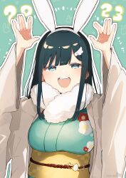 Rule 34 | 1girl, 2023, :d, absurdres, animal ears, arms up, black hair, blue eyes, blue kimono, chinese zodiac, commission, floral print, fur collar, green background, hairband, highres, japanese clothes, kimono, long hair, long sleeves, looking at viewer, obi, open clothes, open mouth, original, outline, print kimono, rabbit ears, sash, skeb commission, smile, sofra, solo, teeth, upper body, upper teeth only, white hairband, white outline, wide sleeves, wing hair ornament, year of the rabbit