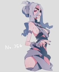 Rule 34 | 1girl, bad id, bad pixiv id, bare shoulders, breasts, cleavage, creatures (company), dusclops, eyepatch, game freak, gen 3 pokemon, grey hair, kz 609, long hair, nail polish, nintendo, one eye covered, open mouth, personification, pokedex number, pokemon, purple nails, red eyes, sideboob, solo