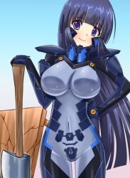 Rule 34 | 1girl, axe, blunt bangs, bodysuit, breasts, commentary request, commission, covered navel, cowboy shot, crack, headgear, hime cut, impossible bodysuit, impossible clothes, kikore suke, large breasts, muv-luv, muv-luv alternative, muv-luv unlimited: the day after, purple bodysuit, purple eyes, purple hair, sendou yuzuka, skeb commission, smile, solo, table