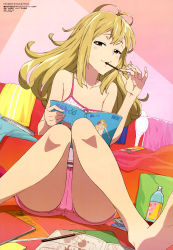 Rule 34 | 10s, 1girl, :&gt;, absurdres, antenna hair, bare shoulders, barefoot, blonde hair, blush, bottle, bra, brown eyes, camisole, comic book, couch, crotch, double vertical stripe, drink, dutch angle, eating, feet, food, fujoshi, highres, indoors, knees together feet apart, koujiro frau, long hair, looking at viewer, manga (object), megami magazine, messy room, nagura satoshi, naughty face, non-web source, official art, on floor, open mouth, pillow, pocky, pornography, reading, red upholstery, robotics;notes, scan, shadow, short shorts, shorts, sidelocks, sitting, soles, solo, strap slip, underwear, wavy hair, white bra, yaoi
