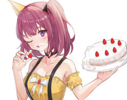 Rule 34 | 1girl, absurdres, bow, brown hair, cake, collarbone, cream, cream on face, detached sleeves, food, food on face, frilled shirt, frills, fruit, hat, highres, holding, holding food, holding fruit, holding plate, lee roha, nijisanji, nijisanji kr, one eye closed, open mouth, party hat, plate, shirt, short sleeves, solo, strawberry, suspenders, tmtl aos, twintails, virtual youtuber, white bow, yellow shirt