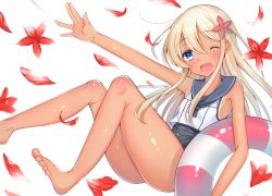 Rule 34 | 10s, 1girl, bad anatomy, bad feet, bad id, bad pixiv id, blonde hair, blue eyes, blush, crop top, eyebrows, flower, hair flower, hair ornament, kantai collection, lifebuoy, long hair, nan (jyomyon), neckerchief, one eye closed, open mouth, outstretched arm, petals, poorly drawn, ro-500 (kancolle), school swimsuit, school uniform, serafuku, sitting, smile, solo, swim ring, swimsuit, swimsuit under clothes, tan, tanline