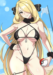 Rule 34 | 1girl, bare arms, bare shoulders, beach, black one-piece swimsuit, blonde hair, blue sky, breasts, closed mouth, contrapposto, cowboy shot, creatures (company), cynthia (pokemon), day, game freak, gluteal fold, grey eyes, hair ornament, hair over one eye, head tilt, highres, large breasts, light smile, long hair, looking at viewer, nintendo, o-ring, one-piece swimsuit, outdoors, pokemon, pokemon dppt, sky, slingshot swimsuit, solo, sturmjaeger (daybreaks0), summer, swimsuit, thigh strap, very long hair