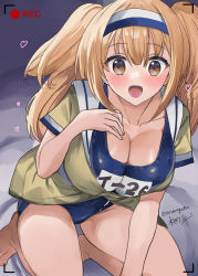 Rule 34 | 1girl, blanket, breasts, brown eyes, collarbone, green jacket, hair between eyes, hairband, heart, highres, i-26 (kancolle), jacket, kantai collection, kneeling, large breasts, light brown hair, long hair, looking at viewer, mizuta kenji, new school swimsuit, open mouth, recording, sailor collar, school swimsuit, short sleeves, signature, sitting, smile, solo focus, swimsuit, twitter username, two-tone hairband, two side up