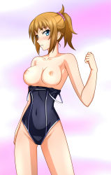 Rule 34 | 10s, 1girl, blue eyes, blue swimsuit, blush, breasts, breasts out, brown hair, clothes pull, competition swimsuit, covered navel, gundam, gundam build fighters, gundam build fighters try, hairband, hand up, highleg, highleg swimsuit, highres, hoshino fumina, kenken, large breasts, looking to the side, nipples, off shoulder, one-piece swimsuit, one-piece swimsuit pull, parted lips, pink hairband, ponytail, short hair, solo, swimsuit