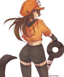 Rule 34 | 1girl, absurdres, anchor, anchor symbol, artist name, ass, black gloves, black shorts, brown eyes, brown hair, closed mouth, fingerless gloves, from behind, gloves, guilty gear, guilty gear strive, hat, highres, hood, hoodie, long hair, looking at viewer, looking back, may (guilty gear), mil17459623, orange hat, orange hoodie, shorts, simple background, smile, solo, thighhighs, twitter username, white background