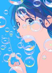Rule 34 | 1girl, bare shoulders, blue background, blue hair, blue theme, blowing bubbles, green eyes, short hair, simple background, solo, u m mm