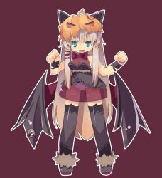 Rule 34 | 1girl, aqua eyes, bat wings, bow, clenched hand, clenched hands, female focus, full body, hair ribbon, hat, jack-o&#039;-lantern, long hair, looking at viewer, open mouth, original, outline, panties, pumpkin, ribbon, see-through, simple background, solo, thighhighs, underwear, very long hair, wings, wristband, zankuro