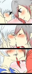 Rule 34 | 2girls, 3koma, blue eyes, blush, brown hair, comic, couple, eye contact, closed eyes, female focus, friends, grey eyes, highres, kiss, long hair, looking at another, multiple girls, neck, open mouth, ruby rose, rwby, short hair, silver hair, smile, upper body, weiss schnee, yuri