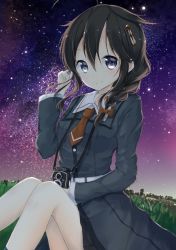 Rule 34 | 1girl, absurdres, ahoge, belt, black hair, blue eyes, bow, braid, camera, coat, commentary request, grass, hair between eyes, hair bow, hair flaps, hair ornament, hair over shoulder, tucking hair, hairpin, highres, holding, kantai collection, knees up, long hair, long sleeves, looking at viewer, necktie, night, night sky, outdoors, pleated skirt, red necktie, shigure (kancolle), shigure kai ni (kancolle), single braid, sitting, skirt, sky, smile, solo, star (sky), twin-lens reflex camera, uzuki tsukuyo