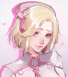 Rule 34 | 1girl, 2023, animification, artist name, blonde hair, blue eyes, commentary, english commentary, golub.lol, heart, jacket, looking at viewer, mercy (overwatch), overwatch, overwatch 1, pink lips, pink mercy, portrait, short hair, smile, solo, white jacket